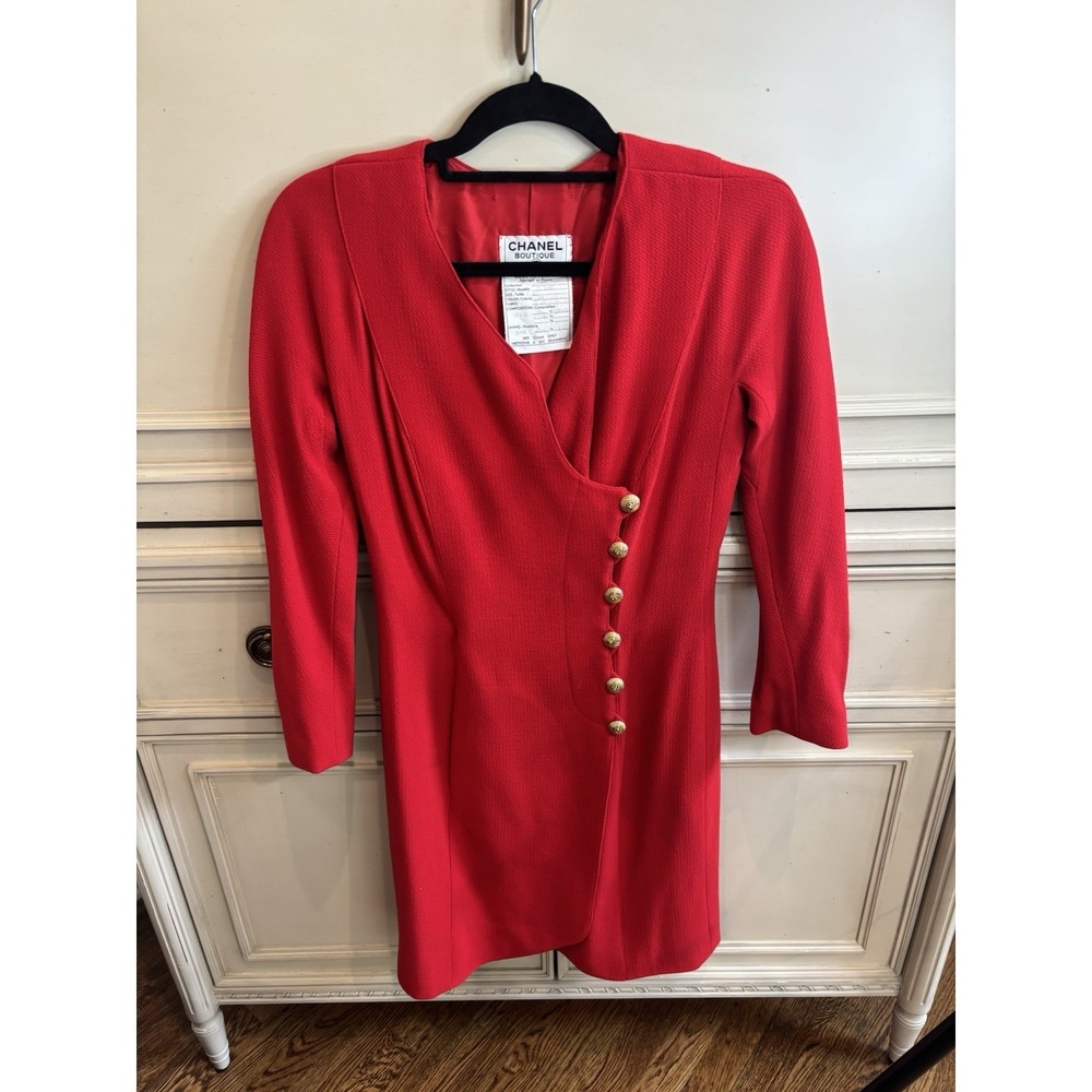 Chanel Vintage Red Wrap Dress CC Logo Buttons Wool Silk 40 Classy 90s Vneck